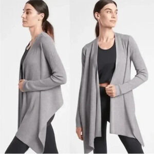 Athleta Gray Solstice Ribbed Knit Open Front Cardigan Drape‎ Sweater